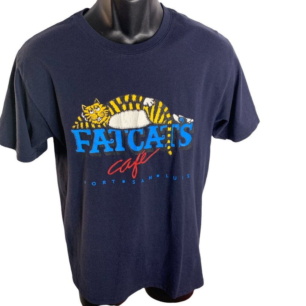 Vintage Mens FatCats Cafe Port San Luis Crewneck Short Sleeve Size S Drk Blue